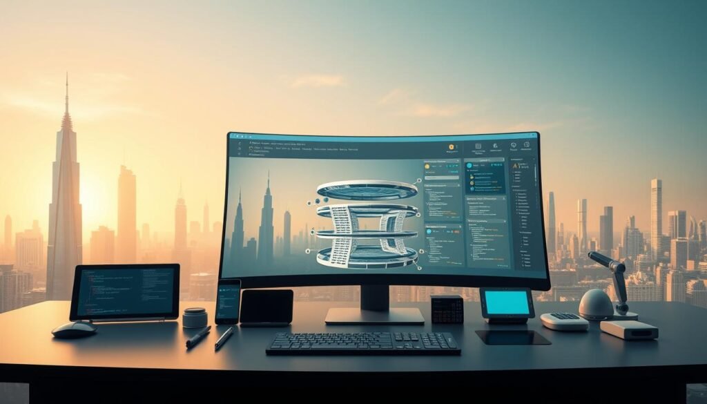A sleek, modern workspace with a large, curved monitor displaying a web development interface. In the foreground, an array of AI-powered tools and widgets arranged neatly on the desk, including a tablet, a stylus, and various icons representing coding, design, and project management functionalities. The middle ground features a 3D model of a website structure, rotating and morphing as the AI algorithms optimize it. The background showcases a futuristic skyline with towering, minimalist skyscrapers bathed in a warm, golden light, creating a sense of technological progress and innovation.