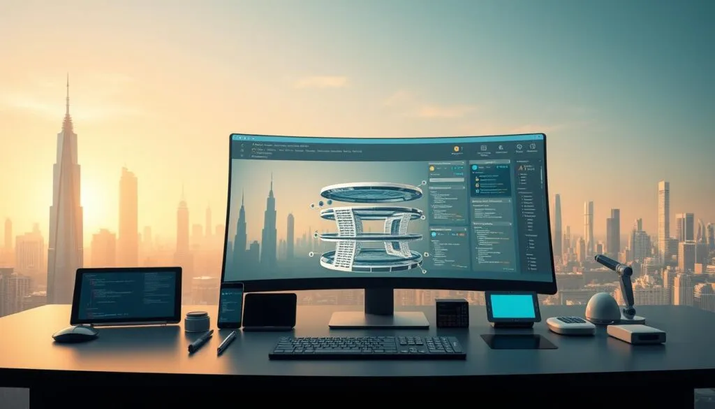 A sleek, modern workspace with a large, curved monitor displaying a web development interface. In the foreground, an array of AI-powered tools and widgets arranged neatly on the desk, including a tablet, a stylus, and various icons representing coding, design, and project management functionalities. The middle ground features a 3D model of a website structure, rotating and morphing as the AI algorithms optimize it. The background showcases a futuristic skyline with towering, minimalist skyscrapers bathed in a warm, golden light, creating a sense of technological progress and innovation.