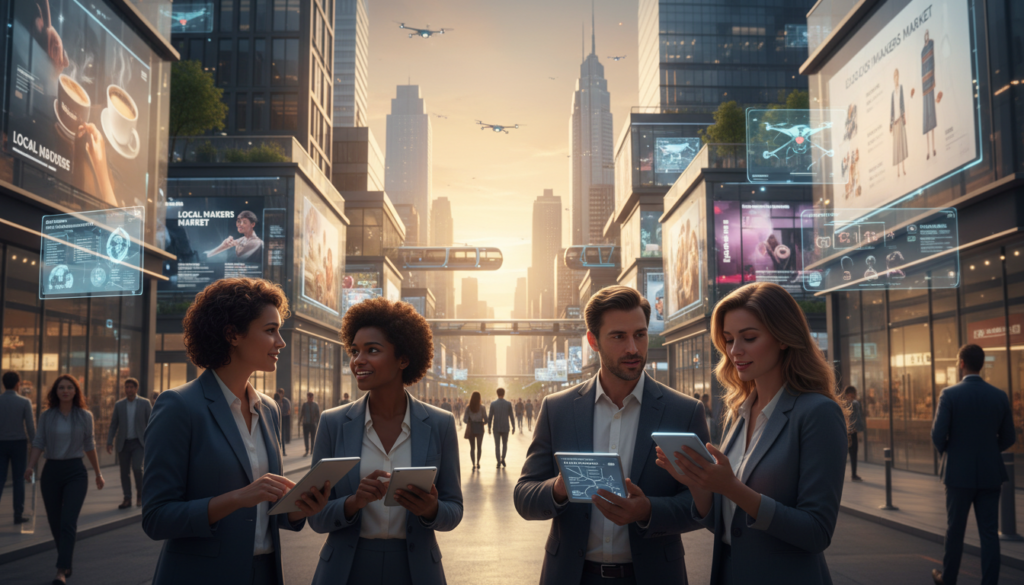 A modern, bustling local business district with a focus on technology integration. In the foreground, a diverse group of professionals in smart casual attire is engaged in discussions, using tablets and smartphones to access AI-powered local business discovery tools. The middle ground features storefronts adorned with digital displays showcasing their offerings, surrounded by people interacting with augmented reality interfaces. In the background, the skyline of a city reflects a warm sunset, with soft golden light illuminating the scene, creating a vibrant and hopeful atmosphere. Use a wide-angle lens perspective to capture the dynamic environment, with a depth of field that brings focus to the human interactions at the forefront. The overall mood conveys innovation, collaboration, and the evolving relationship between AI technology and local businesses.