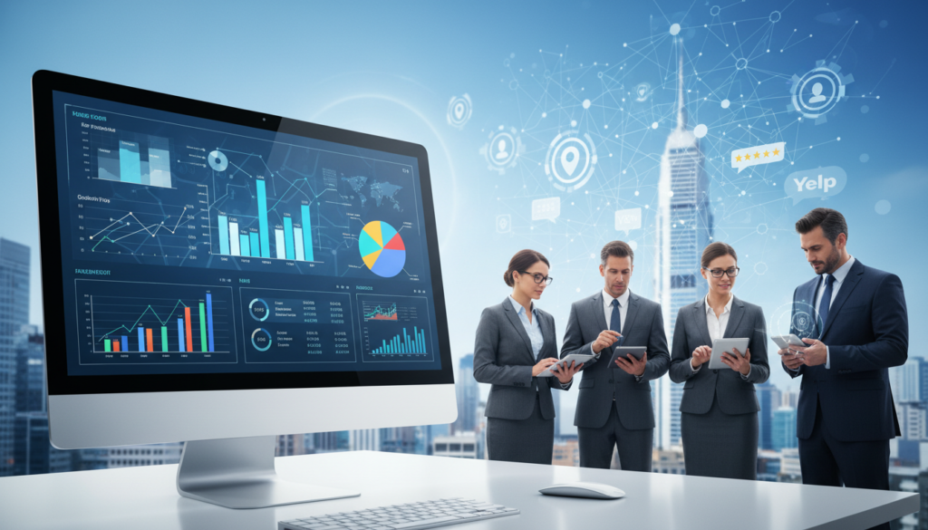 A visually striking digital artwork depicting various sources of local SEO data for AI. In the foreground, a sleek, modern computer screen displays vibrant charts and analytical dashboards illustrating local business metrics. In the middle ground, diverse professionals in business attire examine smartphones and laptops, collaborating on strategies. In the background, a stylized city skyline merges seamlessly with digital icons representing location services, customer reviews, and business directories, all under a clear blue sky. The lighting is bright and professional, with soft highlights reflecting off the screens, creating a dynamic and futuristic atmosphere. The overall mood conveys innovation, collaboration, and the efficiency of AI in processing local business data. A visually striking digital artwork depicting various sources of local SEO data for AI. In the foreground, a sleek, modern computer screen displays vibrant charts and analytical dashboards illustrating local business metrics. In the middle ground, diverse professionals in business attire examine smartphones and laptops, collaborating on strategies. In the background, a stylized city skyline merges seamlessly with digital icons representing location services, customer reviews, and business directories, all under a clear blue sky. The lighting is bright and professional, with soft highlights reflecting off the screens, creating a dynamic and futuristic atmosphere. The overall mood conveys innovation, collaboration, and the efficiency of AI in processing local business data.