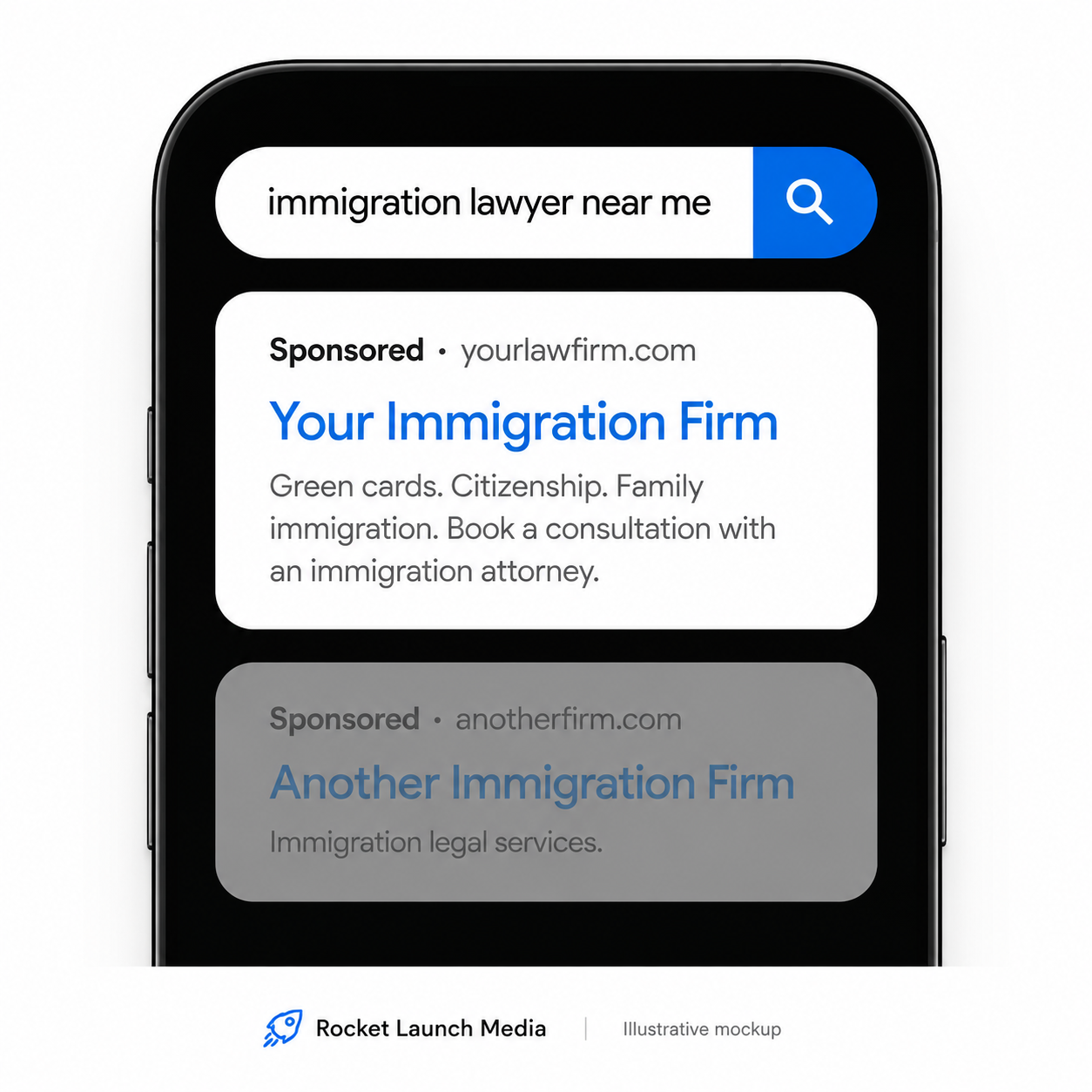 Sponsored search result mockup with the firm ranked first, portrait phone