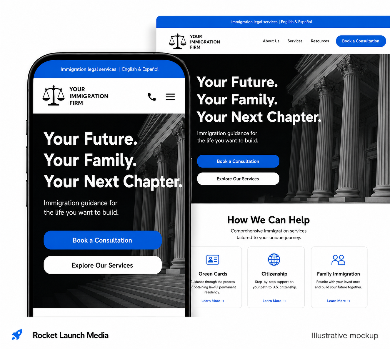 Immigration law firm website mockup on phone and desktop