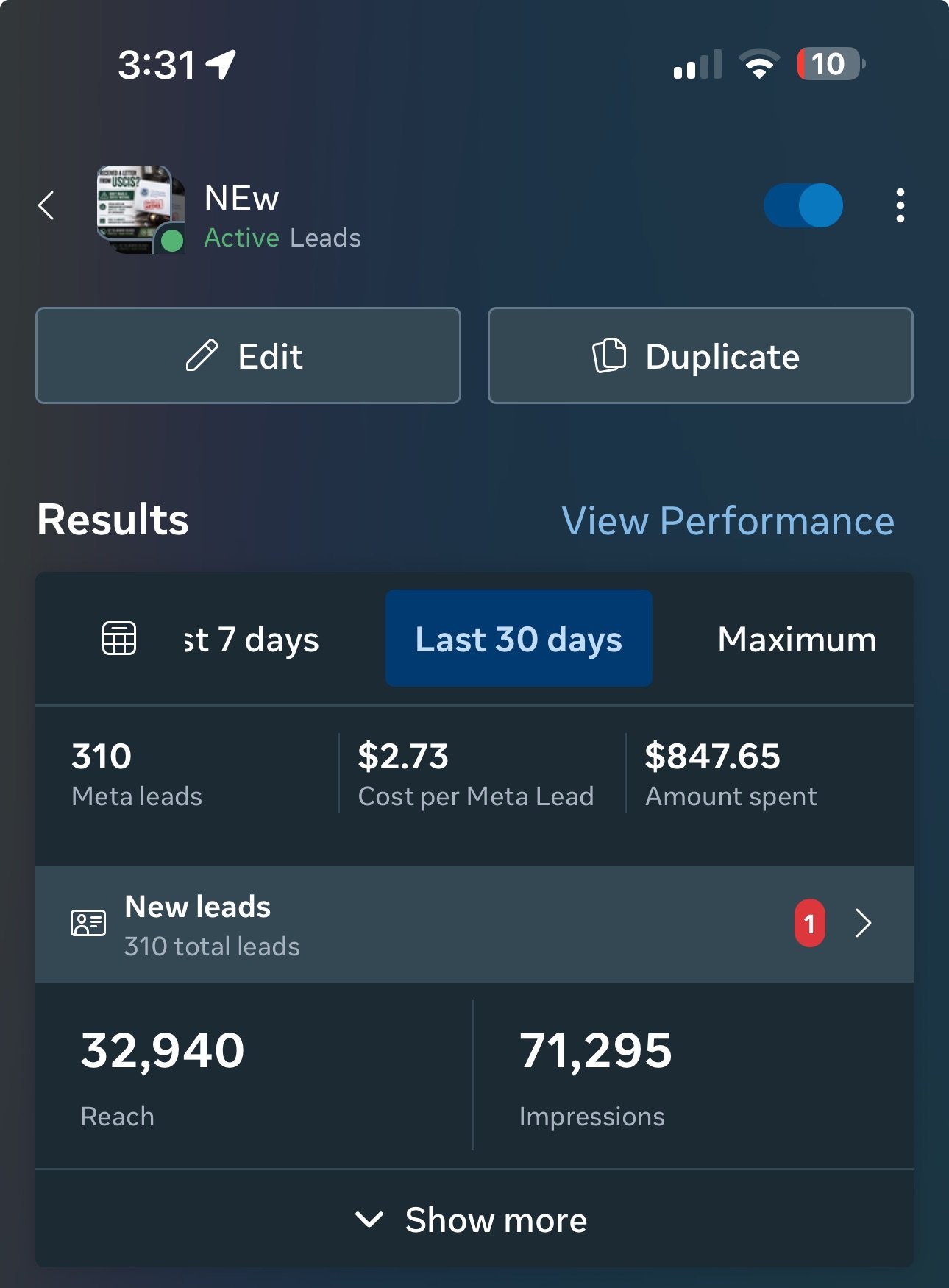 META ADS result