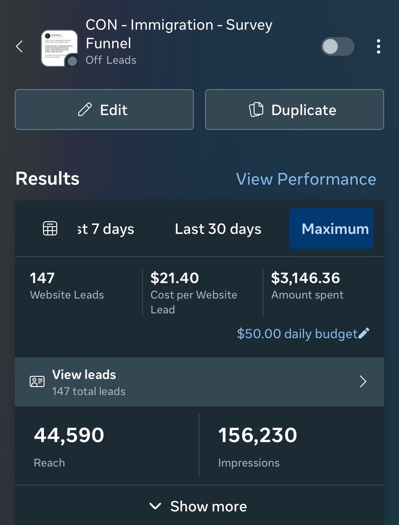 META ADS result