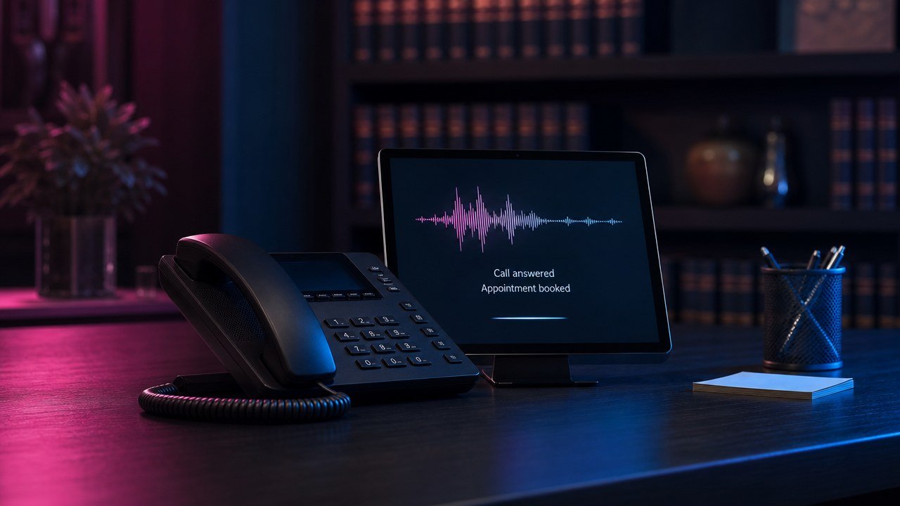 Desk phone at a law office reception at night with a tablet behind it showing an audio waveform and the words call answered and appointment booked