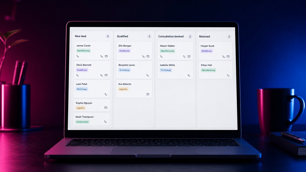 Laptop showing a law firm CRM pipeline with stages from new inquiry to retained client