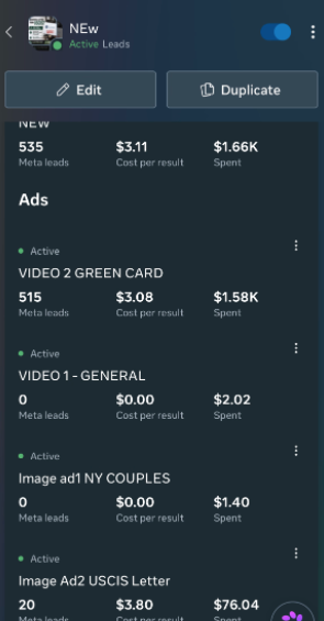 Meta Ads Manager showing the ad set: green card video ad with 515 leads at 3.08 dollars each, plus general video and image ads