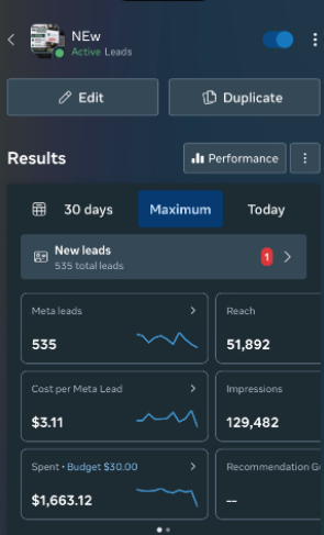 Meta Ads Manager results showing 535 leads, 51,892 reach and 129,482 impressions