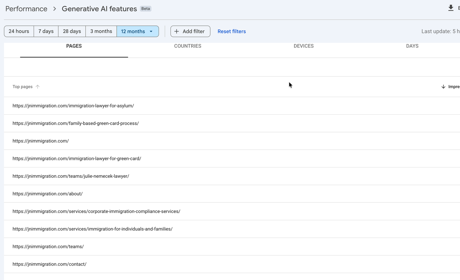 Google Search Console Generative AI features report showing the firm's pages appearing inside Google's AI answers