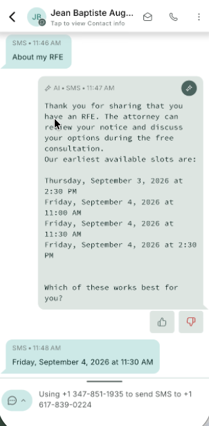 AI assistant text conversation offering consultation times and booking the appointment