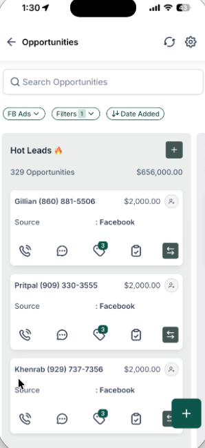CRM pipeline showing 329 opportunities in the Hot Leads stage worth $656,000