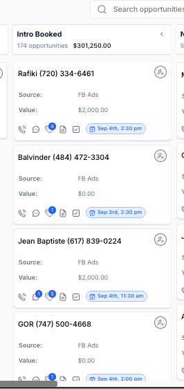 CRM pipeline showing 174 intro calls booked worth $301,250