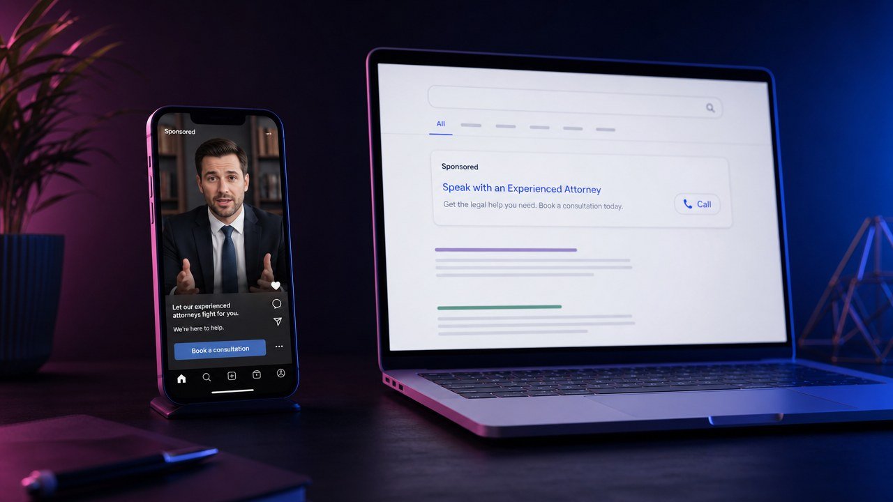Phone showing a sponsored vertical video ad of an attorney next to a laptop showing a sponsored search result with a call button, on a dark desk