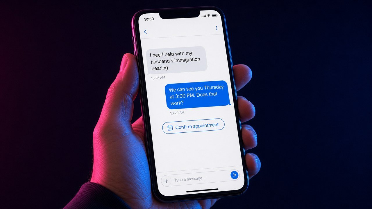 Hand holding a phone showing a text conversation where a law firm offers a Thursday appointment to a person asking about an immigration hearing