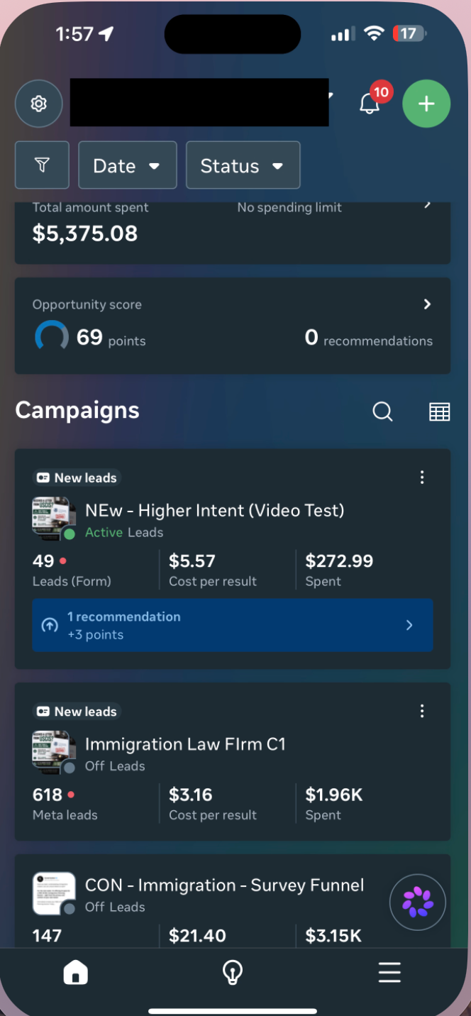 Meta Ads Manager showing $5,375.08 total amount spent and campaign results for Olympic Law Center immigration ads