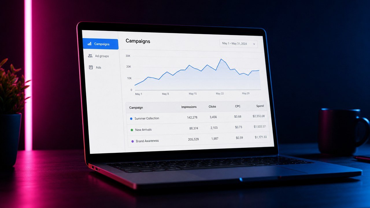 Laptop on a dark desk showing an advertising dashboard with campaigns, a line chart, and columns for impressions, clicks, CPC, and spend