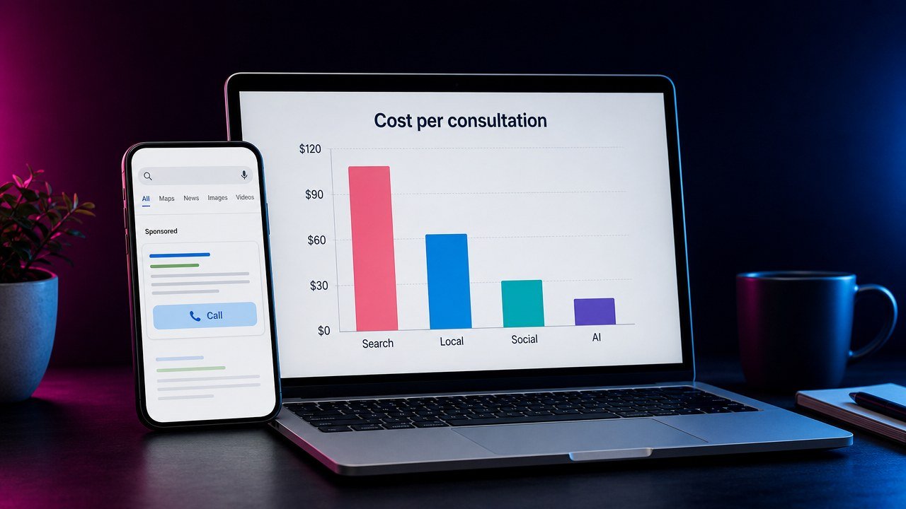 Laptop showing a cost per consultation chart by channel next to a phone showing a sponsored search result with a call button
