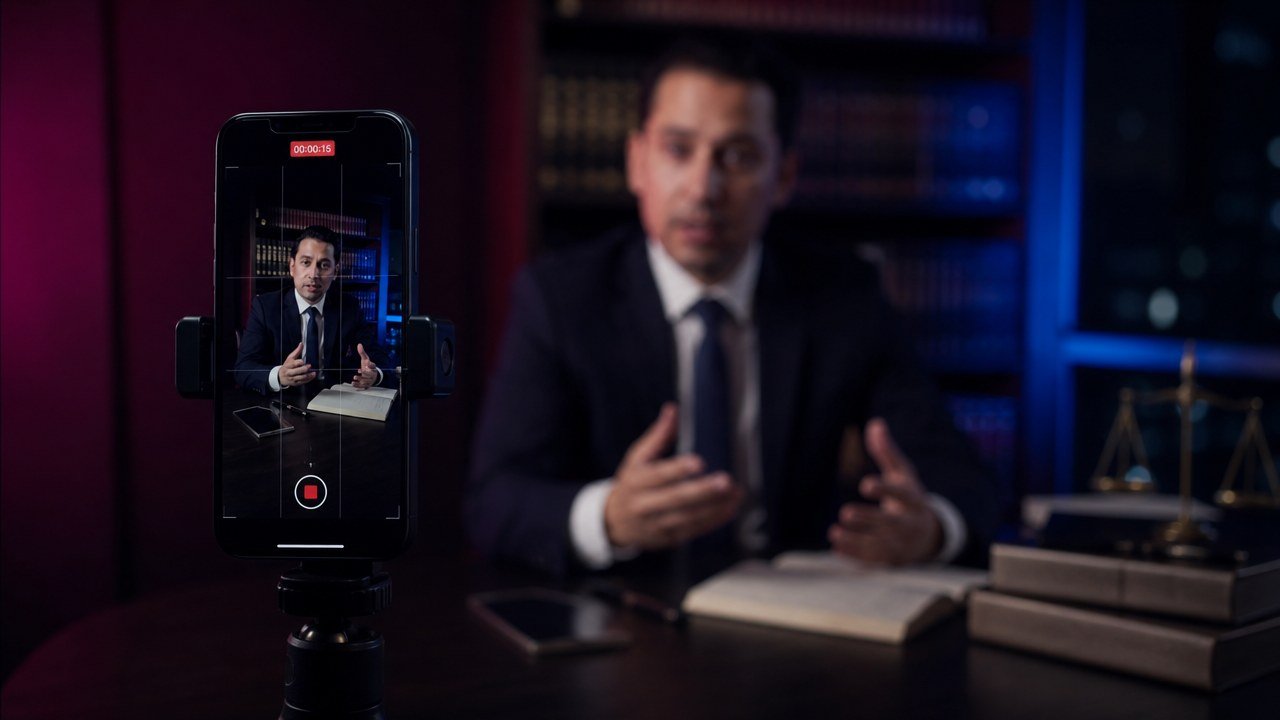 Phone on a tripod recording a vertical video of an attorney speaking at a desk in a law office at night