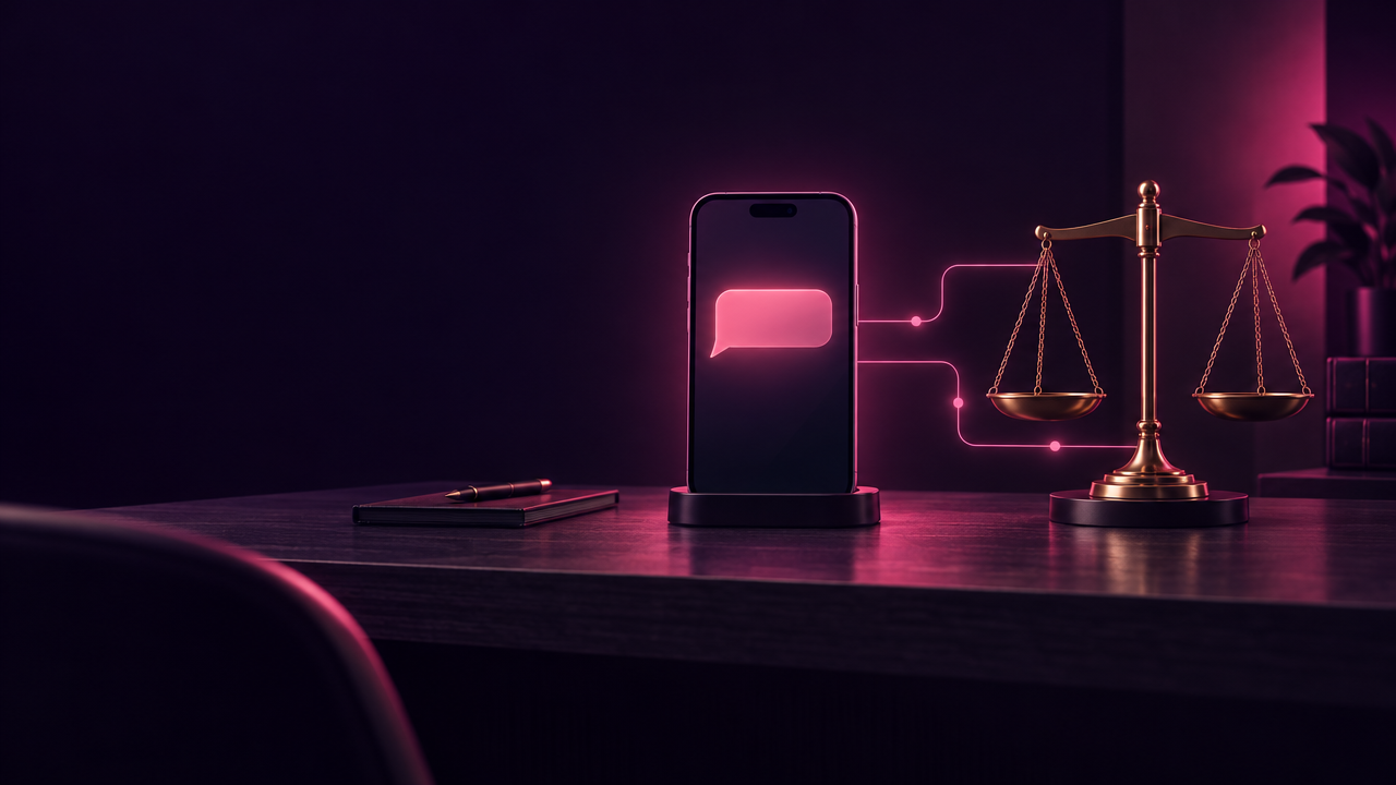 Phone with a glowing message bubble connected to a scale of justice, illustrating AI for law firms handling client intake