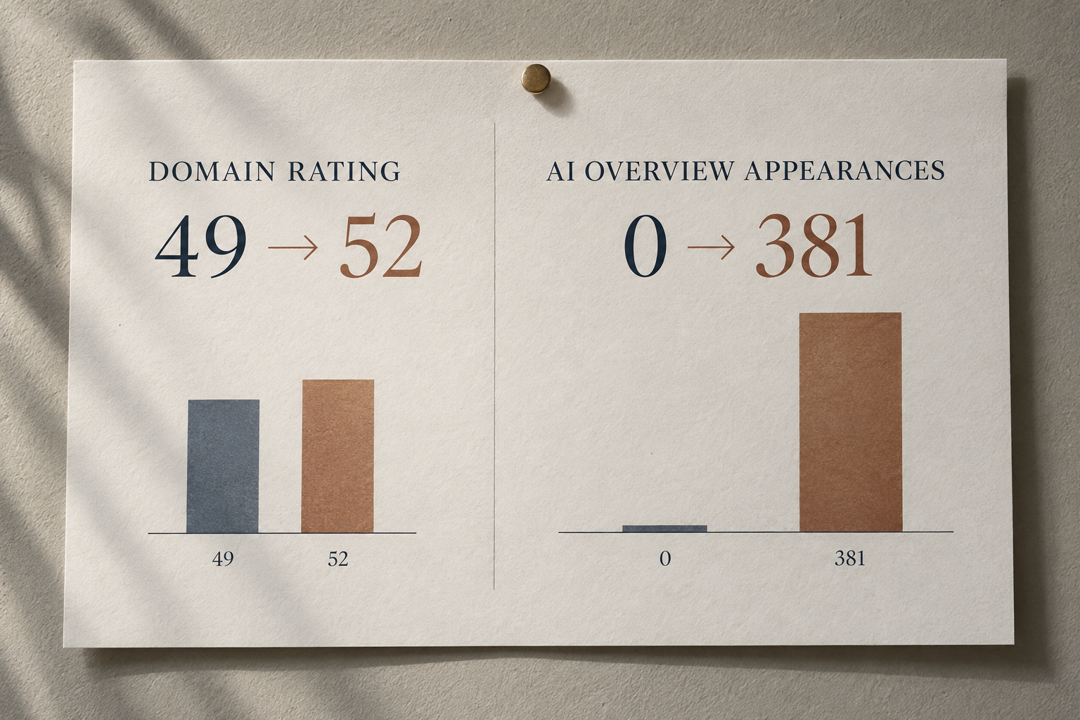 Authority and AI visibility summary for Kingwell Immigration Law: Domain Rating 49 to 52 and Google AI Overview appearances 0 to 381