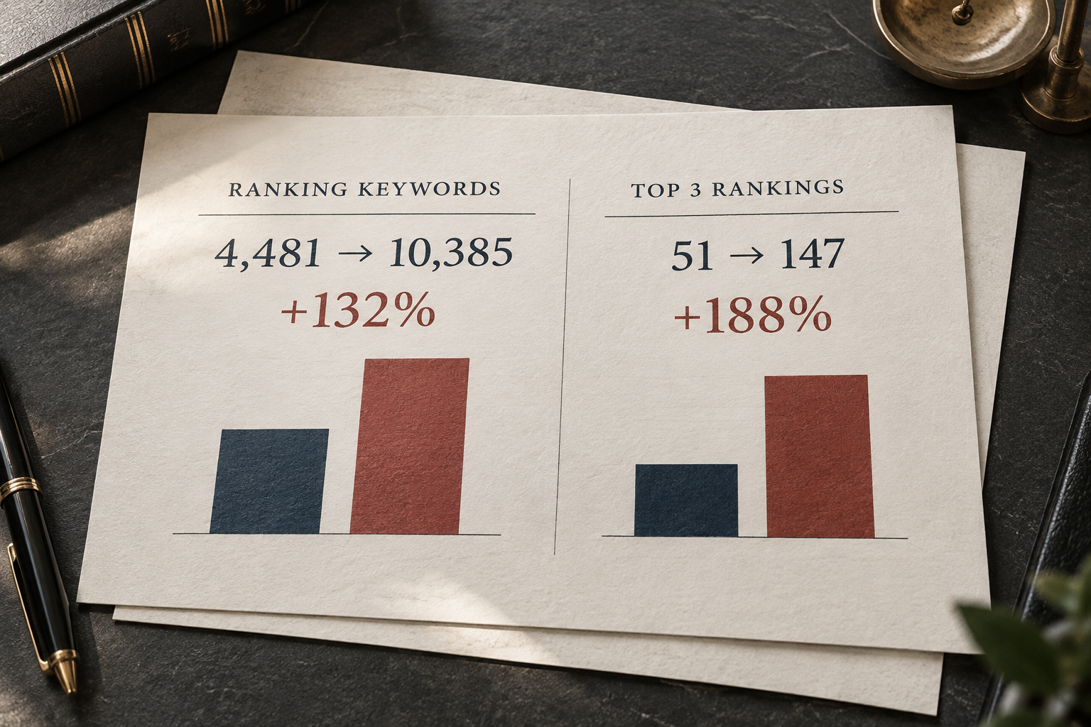 Keyword ranking growth summary for Kingwell Immigration Law: ranking keywords 4,481 to 10,385 (+132%) and top-three rankings 51 to 147 (+188%)