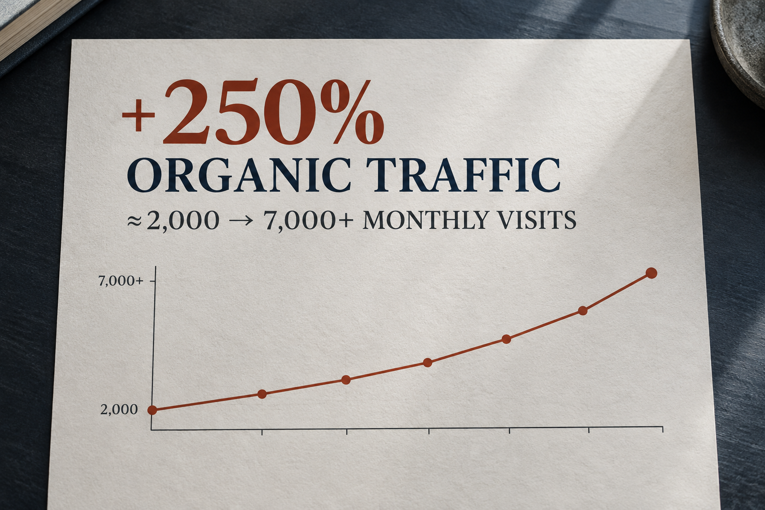 Organic traffic growth summary for Kingwell Immigration Law: average monthly organic visits rose from about 2,000 to more than 7,000, a 250% increase